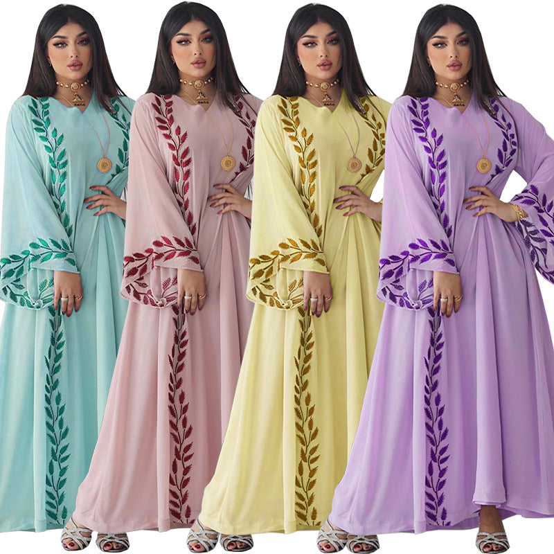 Langes, muslimisches, besticktes Chiffon-Kleid mit Rundhalsausschnitt und Kopftuch