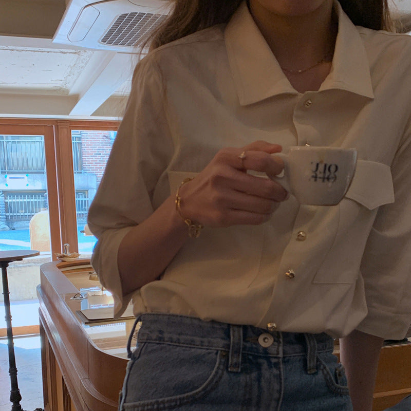 Damen Einfaches Temperament Retro Goldknopf Französisches Mittelärmeliges Hemd