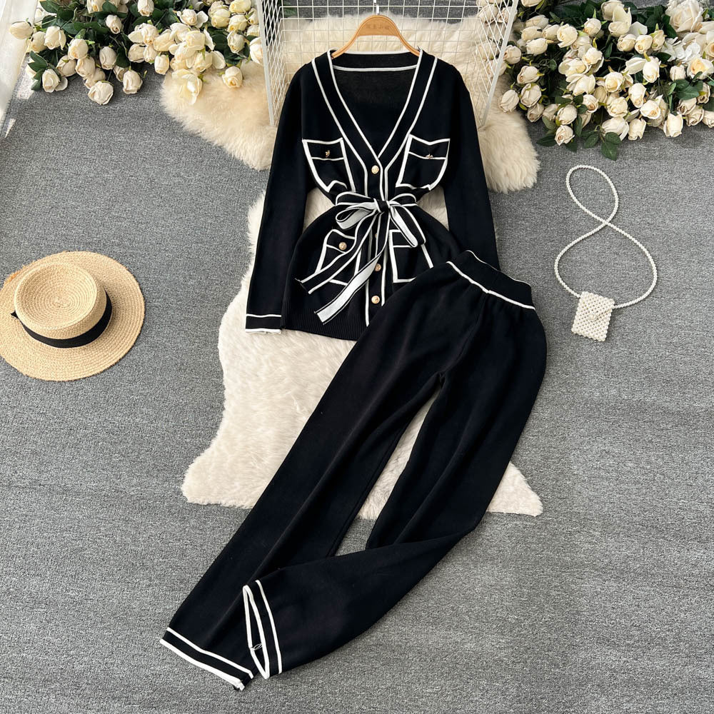 Contrast Color Suit Women's Long Sleeve V-neck Lace-up Knitwear Draping Wide Leg Trousers Two-piece Set