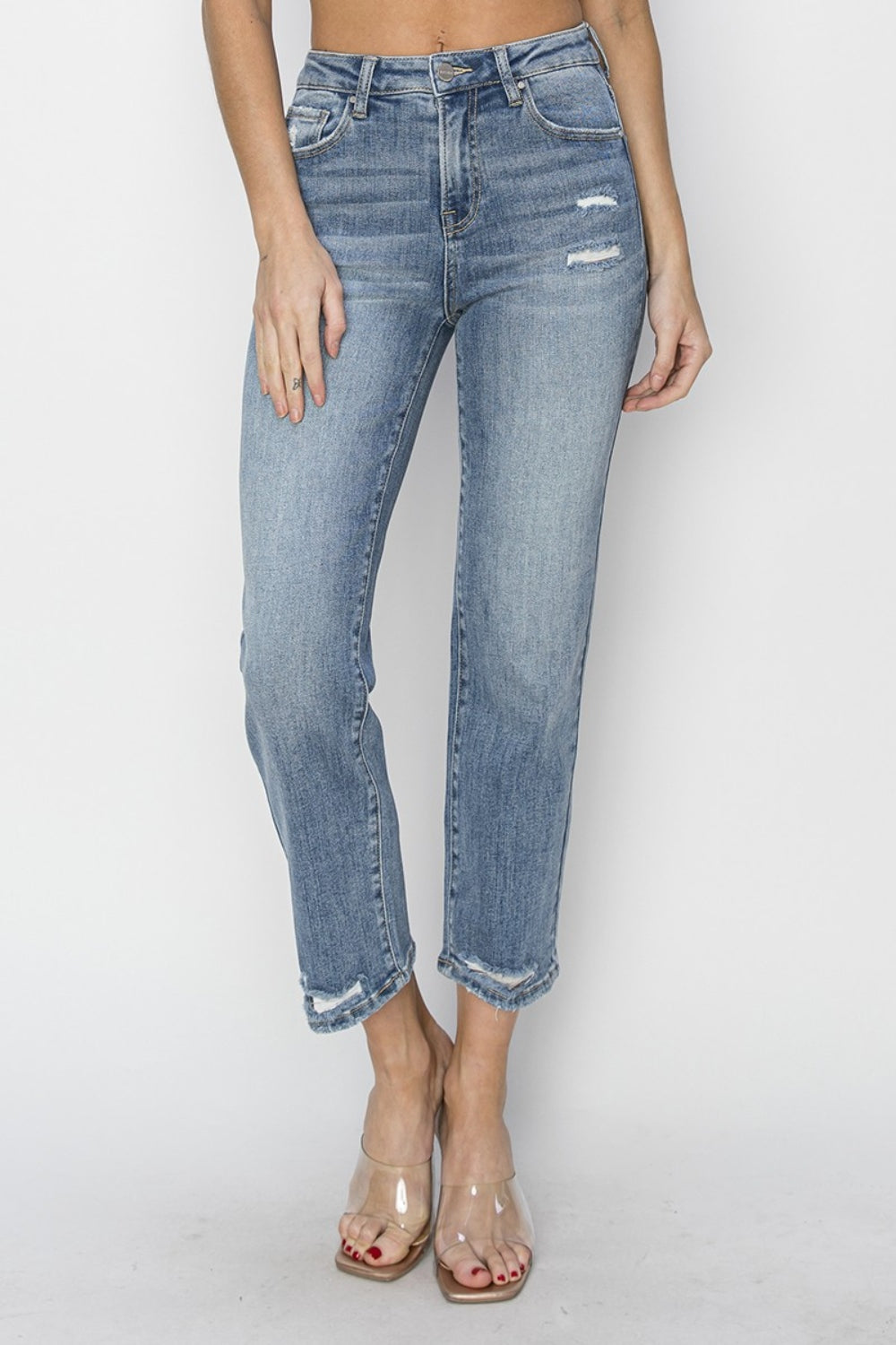 RISEN Distressed-Cropped-Jeans in voller Größe mit hoher Taille