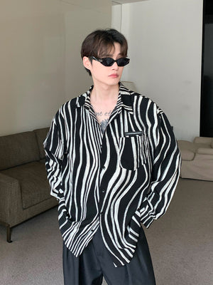 Contrasting Color Zebra Print Lapel Shirt Men's Loose Long-sleeved Shirt