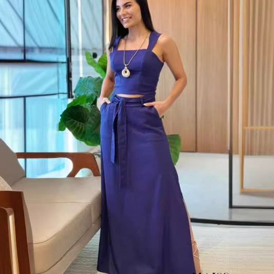 Women's Solid Color Crop-top Spaghetti-strap Top High Waist Long Skirt Sets