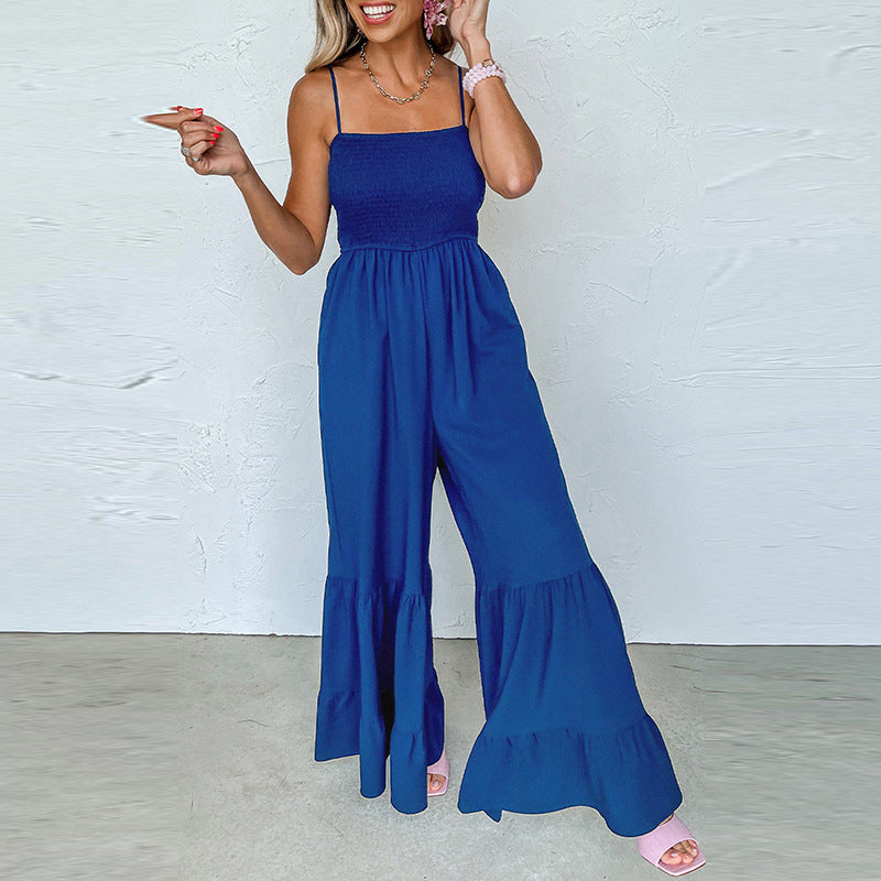 Women's Solid Color High Waist Strap Fitted Waist Jumpsuit