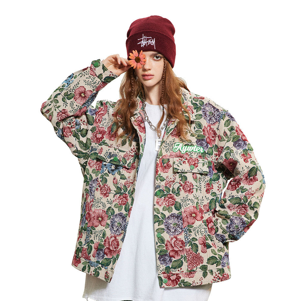 Amerikanischer Retro-Volldruck, garngefärbte Blumenjacke, Baggy-Mantel