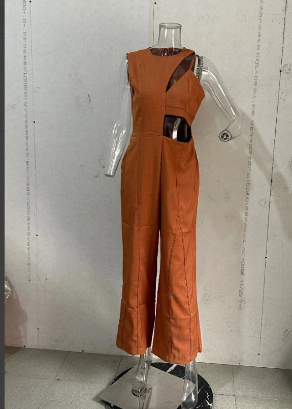 Moderner Jumpsuit mit Rundhalsausschnitt, hoher Taille, Volltonfarbe und weitem Bein