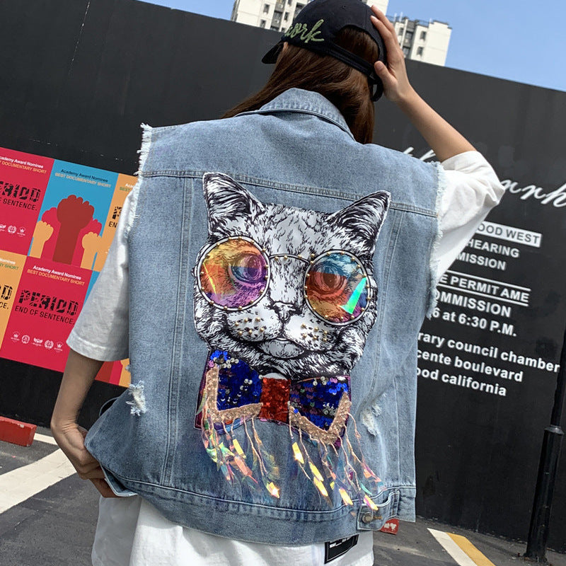 Cat Printing Ripped Sleeveless Denim Top