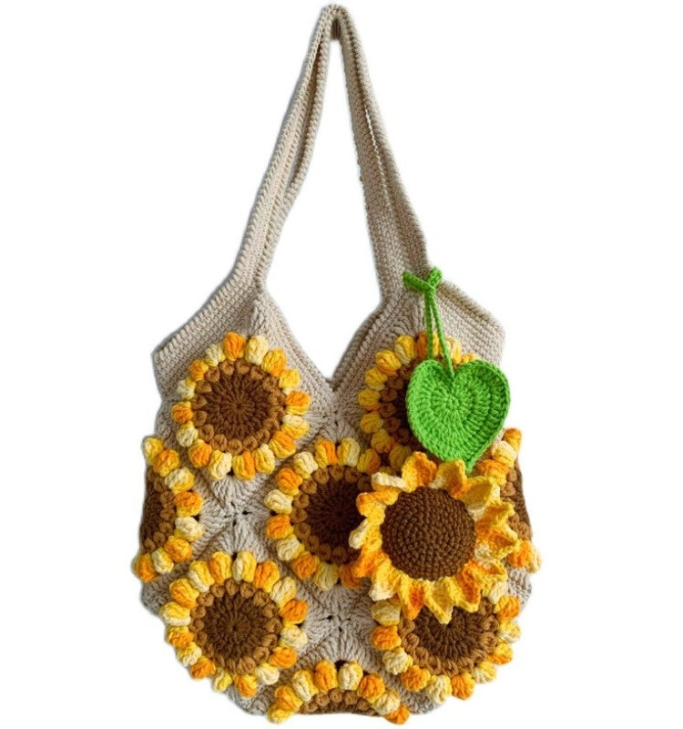 Material para bolso de hombro con girasoles tridimensionales, tejido de lana, hecho a mano