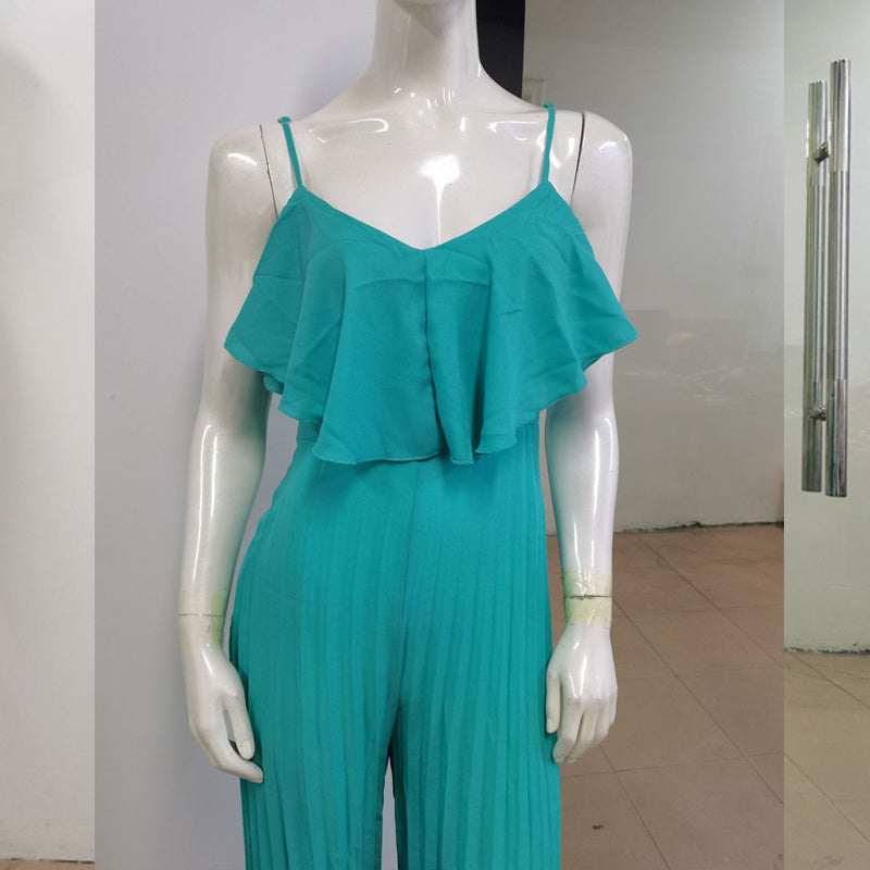 Europäische und amerikanische Damenbekleidung, modischer Jumpsuit mit Hosenträgern, Plissee, weitem Bein und Rüschen