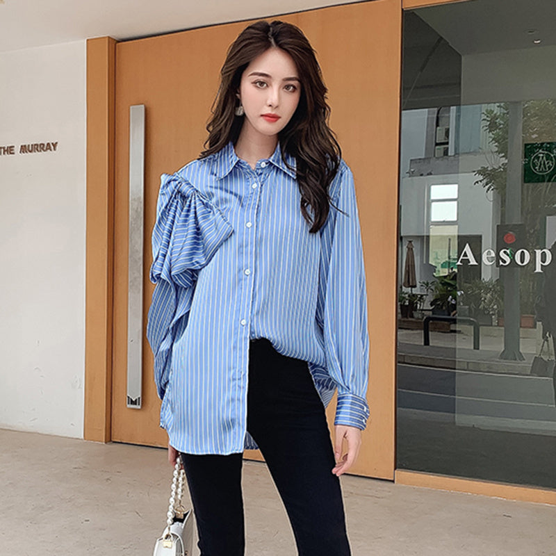 Casual Blau Gestreiften Shirts Für Frauen Revers Langarm Koreanische Bowknot Patchwork