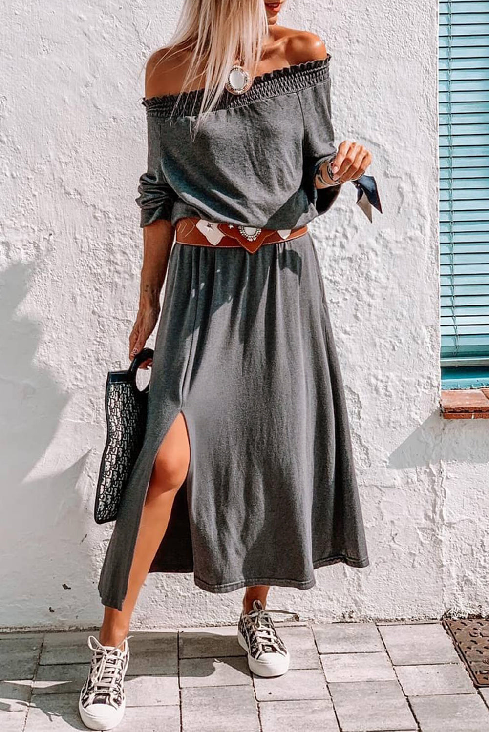 Gray Shirred Off Shoulder Maxi Dress with Split