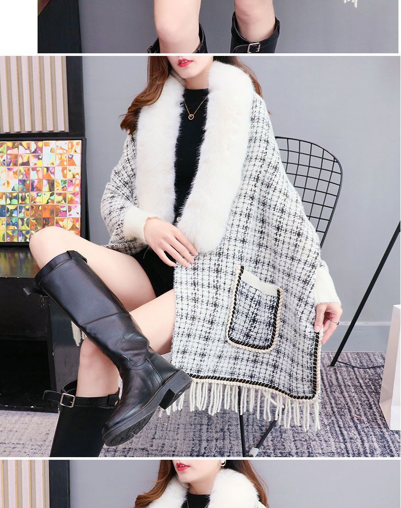 Autumn And Winter New Imitated Mink Cashmere Fur Collar Cape And Shawl Plus Size Tassel Knitted Cardigan