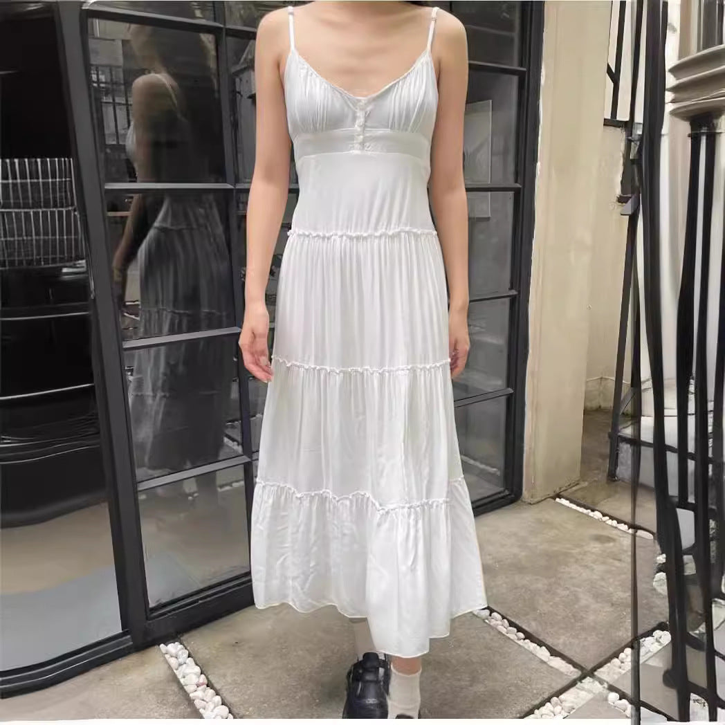 Three-button Waist-tight Slim White V-neck Fairy Spaghetti-strap Dress
