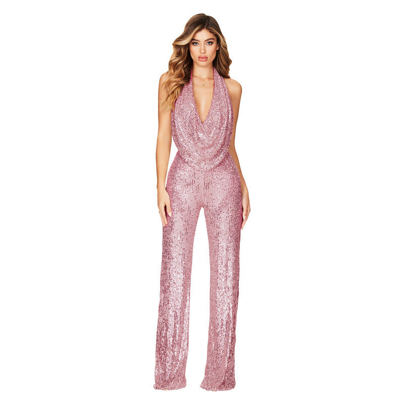 Summer Women's Sleeveless Halter Sequined Jumpsuit