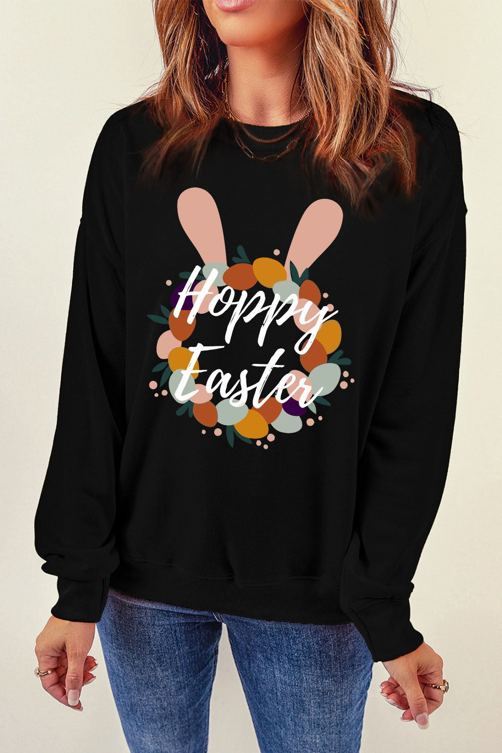 HOPPY EASTER Grafik-Sweatshirt mit tief angesetzter Schulterpartie