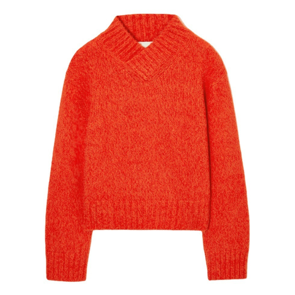 Women's Autumn And Winter Half-height V-neck Wool Blended Knitted Sweater