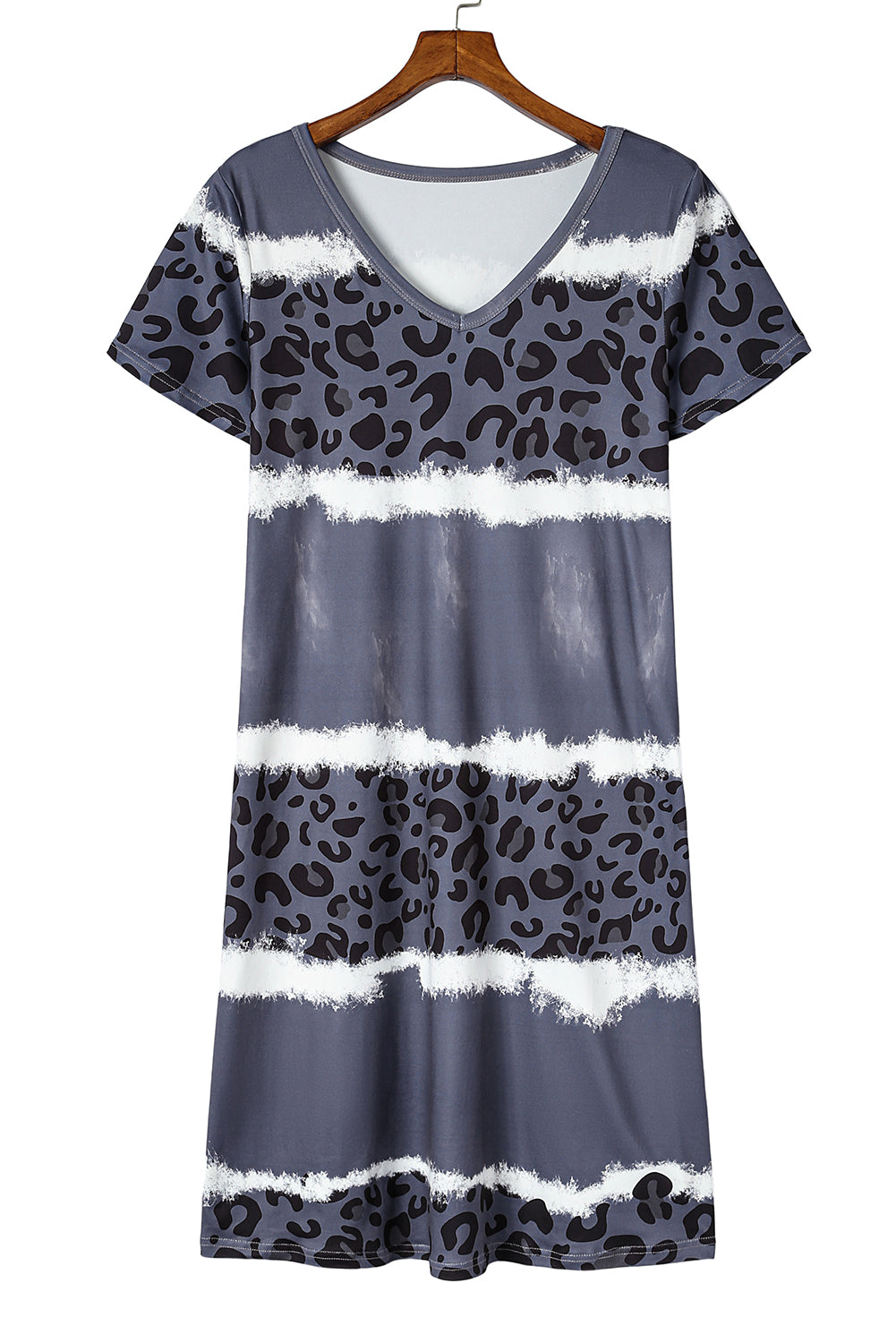 Graues T-Shirt-Kleid mit Leopardenmuster und V-Ausschnitt