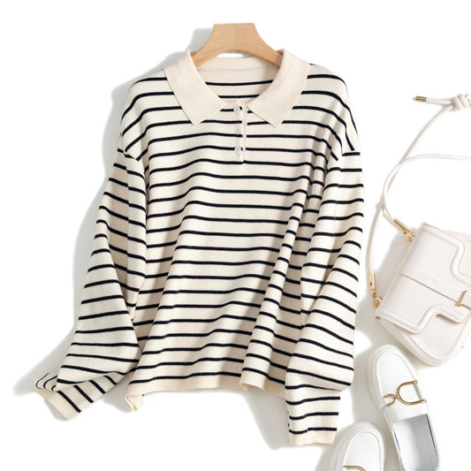 Damen Niche Loose Casual Striped Bottoming Shirt Strickpullover