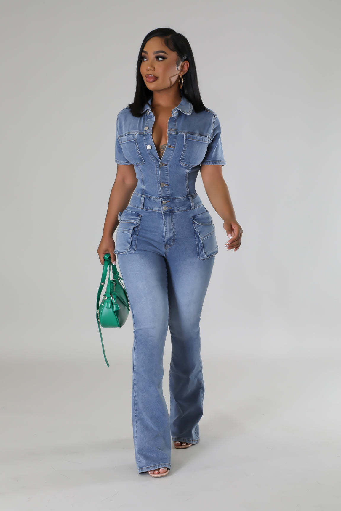 Denim-Overall für Damen mit verwaschenem Kurzarm