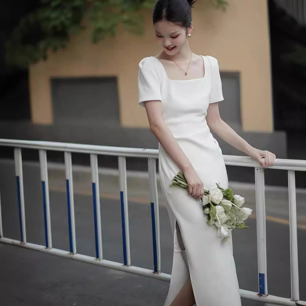 Vestido delgado elegante de boda ligero de manga corta con cuello cuadrado francés