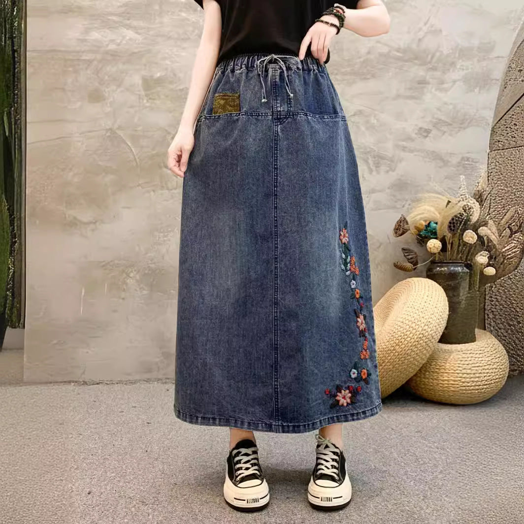 Spring Chinese Style Small Flower Embroidery High-waisted Skirt