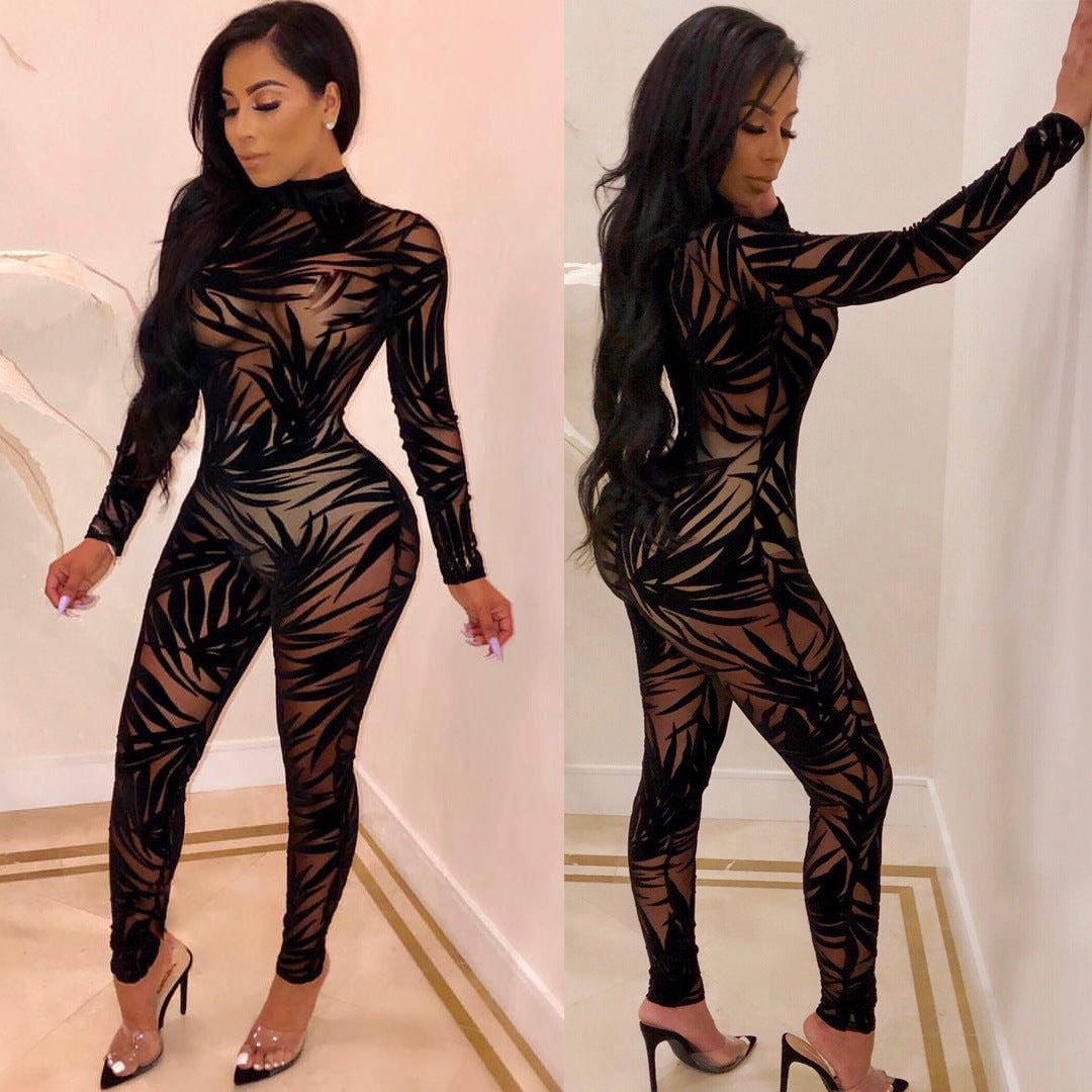 Women's Mesh Hollow Sheer Long Sleeve Tight Jumpsuit