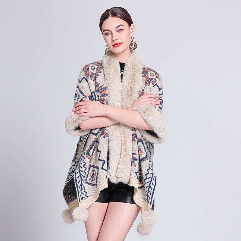 Ethnic Style Fur Ball Shawl Cape Cloak