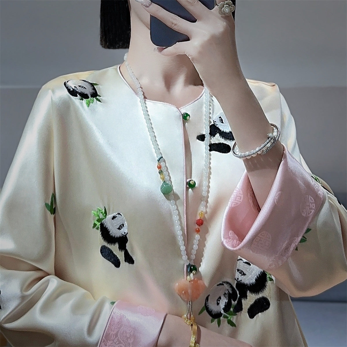 Women's Fashion Color Contrast Embroidered Panda Coat Top