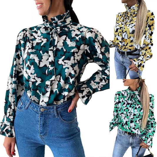 Camisa Casual Suelta de Manga Larga con Estampado de Mariposas de Moda