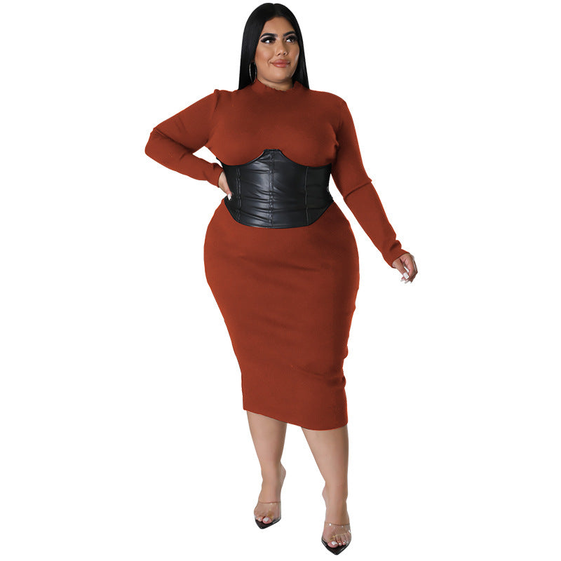 Herbst-Plus-Size-Damen-Reißverschluss-Lederkleid