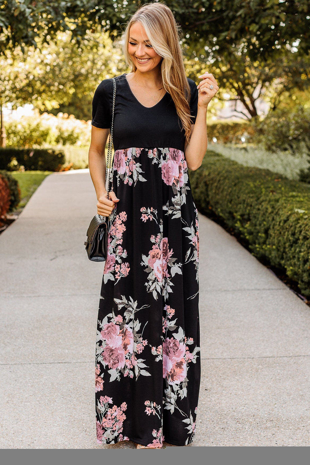 Black Contrast Floral Empire Waist Maxi Dress