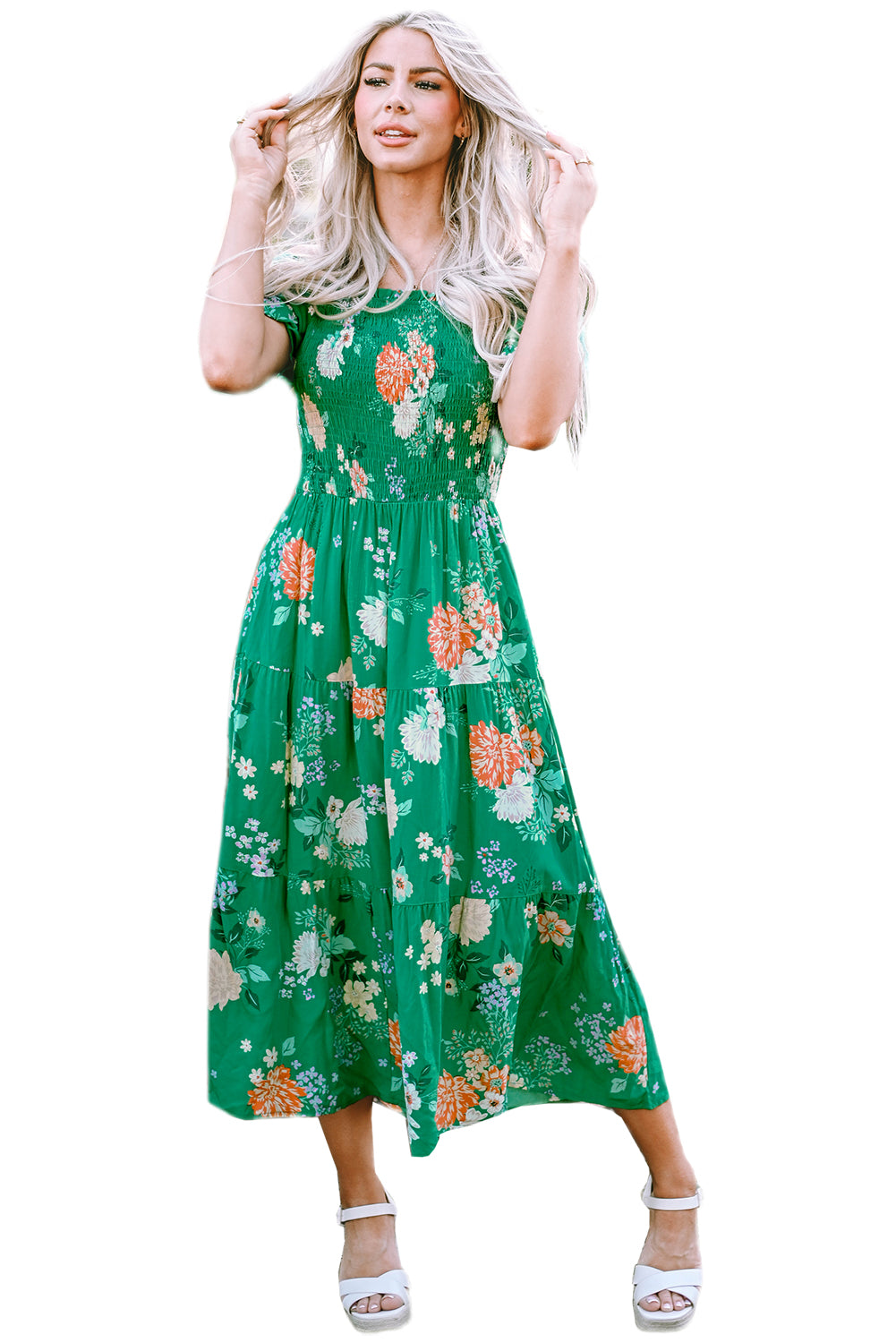 Green Floral Print Bubble Sleeve Smocked Tiered Midi Dress