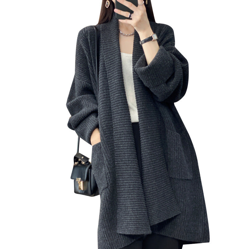 Women's Fashion Temperament Lapel Thickening Solid Color Sweater Coat