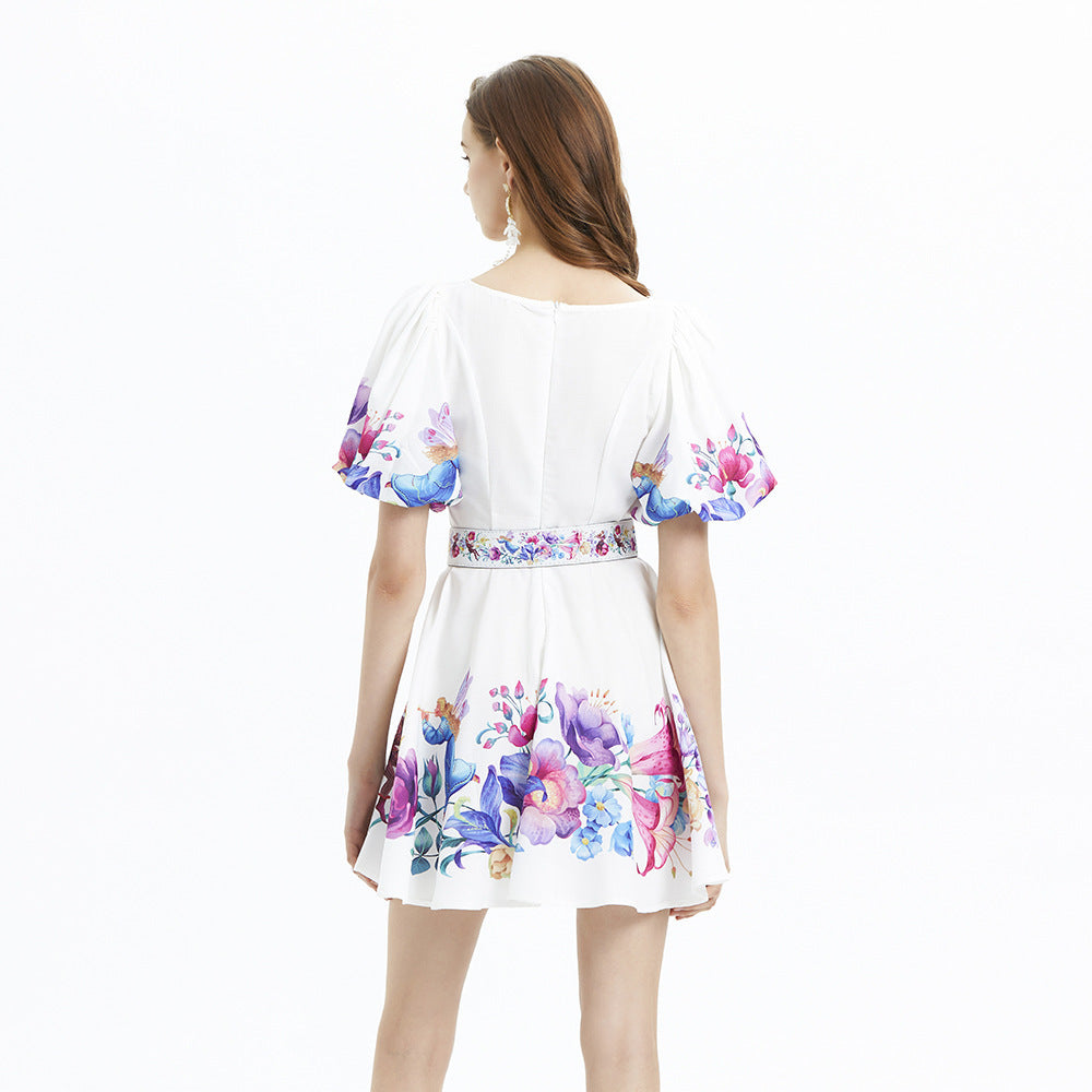Vacation Style Plant Flower Print Puff Sleeve Linen Waist V-neck Flounce Skirt