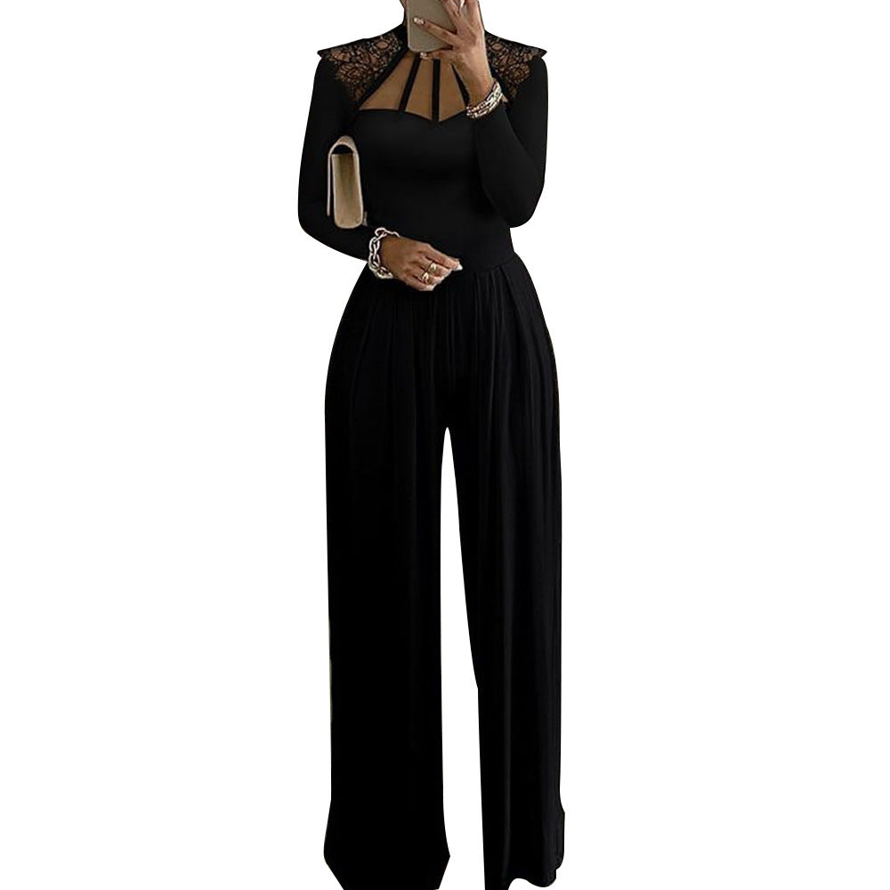 Fashion Solid Color Long Sleeve Stitching Wide Leg Jumpsuit Women