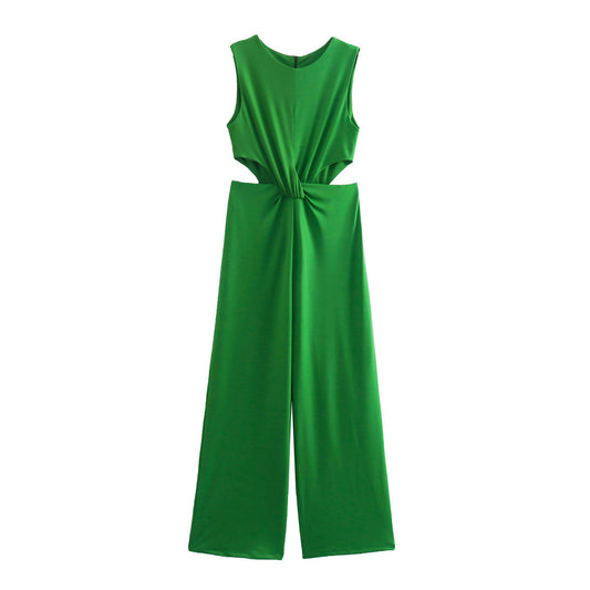 Women's Round Neck Solid Color Knotted Cutout Jumpsuit