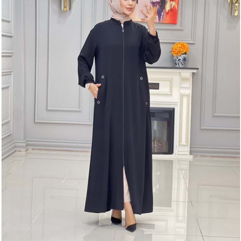 Modisches Damen-Kleid mit Stehkragen und Reißverschlusstasche, lockeres Freizeitkleid