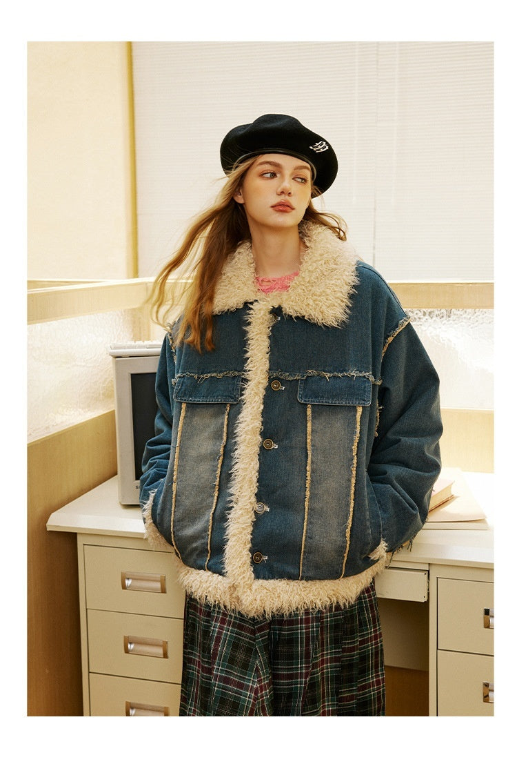 Blue Denim Fur Collar Coat Women's Retro Cotton