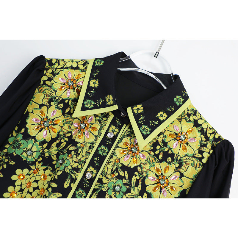 Handmade Beads Rhinestones Floral Printing Series Button Lapel Long Sleeve Dress