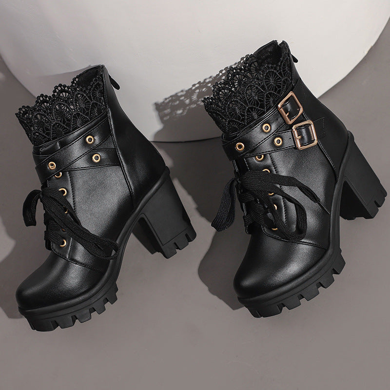 Women's Platform Retro Lace Up Belt Buckle Boots