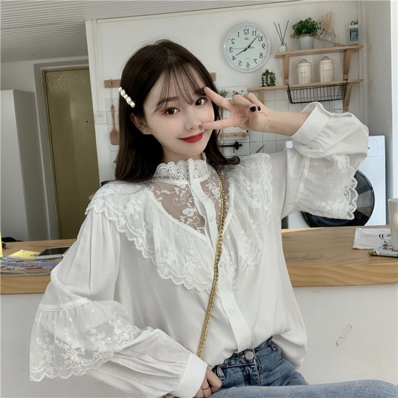 Camisa de encaje vintage francesa Top de manga larga con medio cuello alto