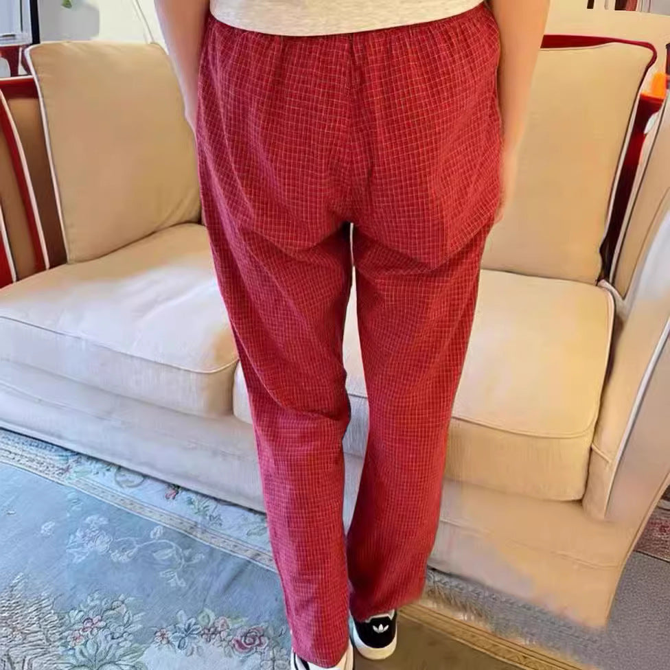 Women's Loose And Elastic Waist Drawstring Red Plaid Casual Trousers