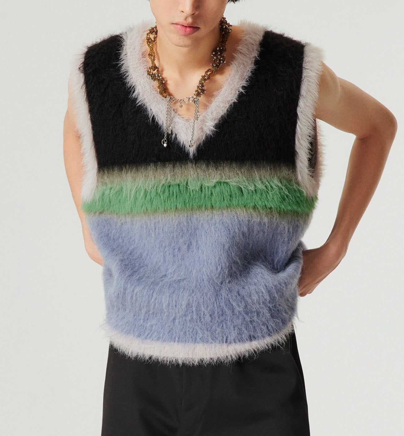 Wool Blended Long Velvet Wool Contrast Color Striped Knitted V-neck Vest Sweater
