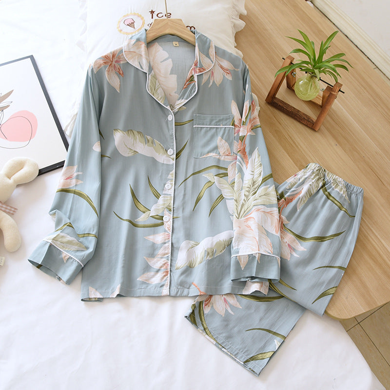 Pijama fino de seda de algodón de manga larga de dos piezas para mujer