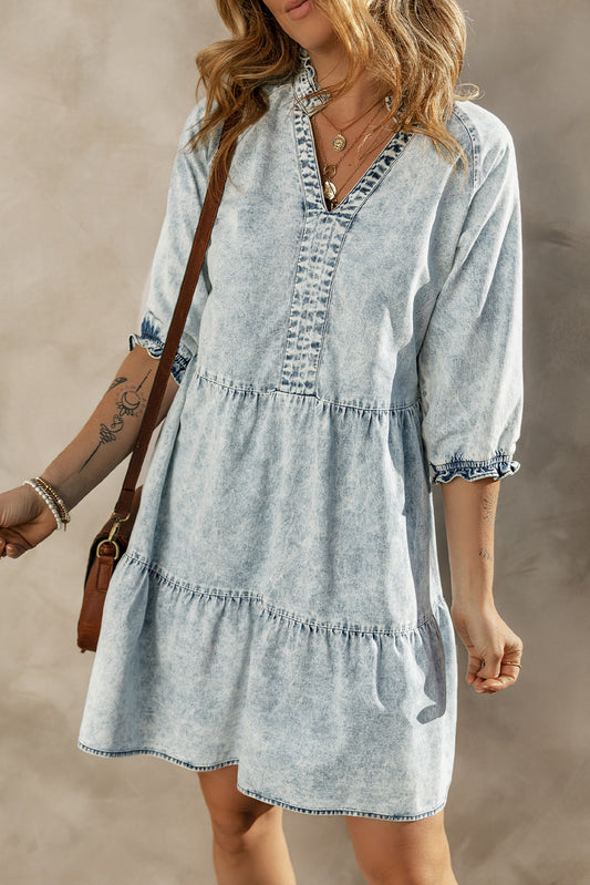 Dusk Blue Acid Wash Retro Half Sleeve Flared Denim Dress