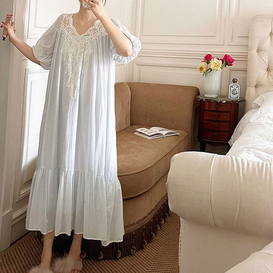 Women's Morning Gowns Spring And Autumn Cotton Long-sleeved Lace Pajamas Dress