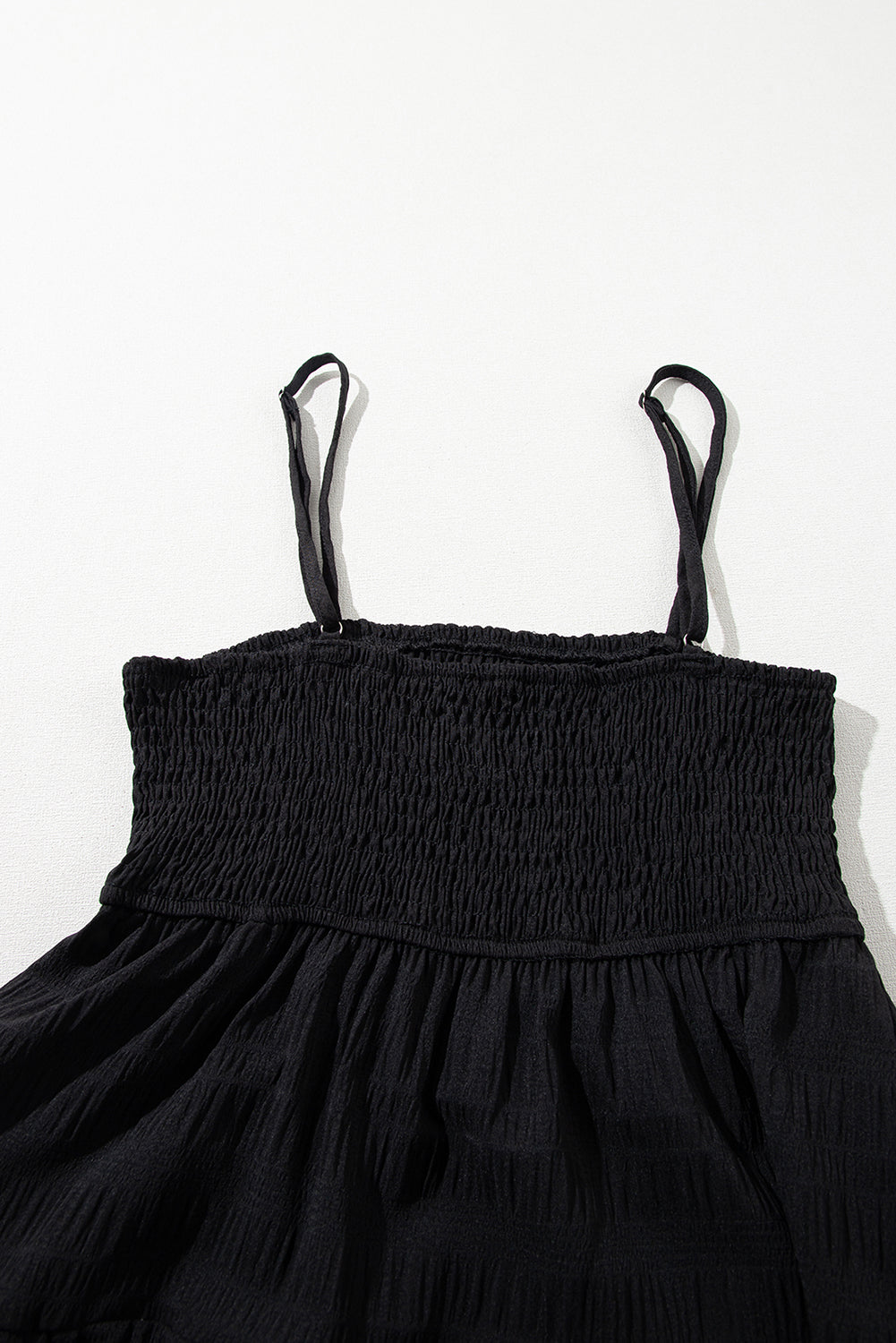 Black Smocked Textured Tiered Skater Dress