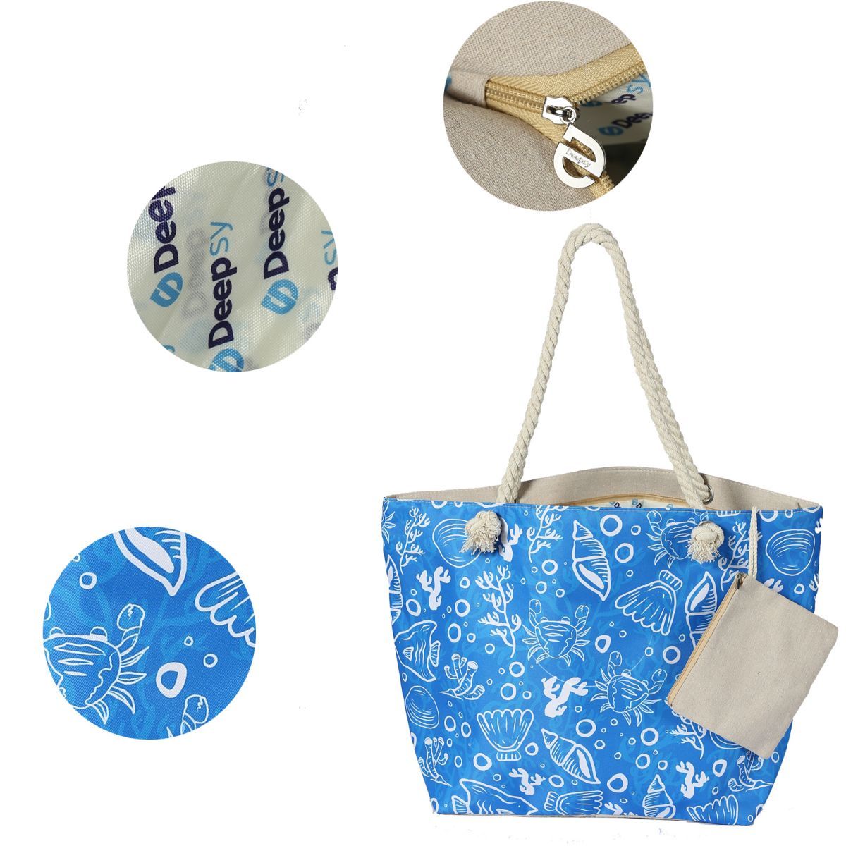 Bolsa de lona para playa para mujer, impermeable, grande, para viaje, con cremallera, reutilizable, para hacer la compra