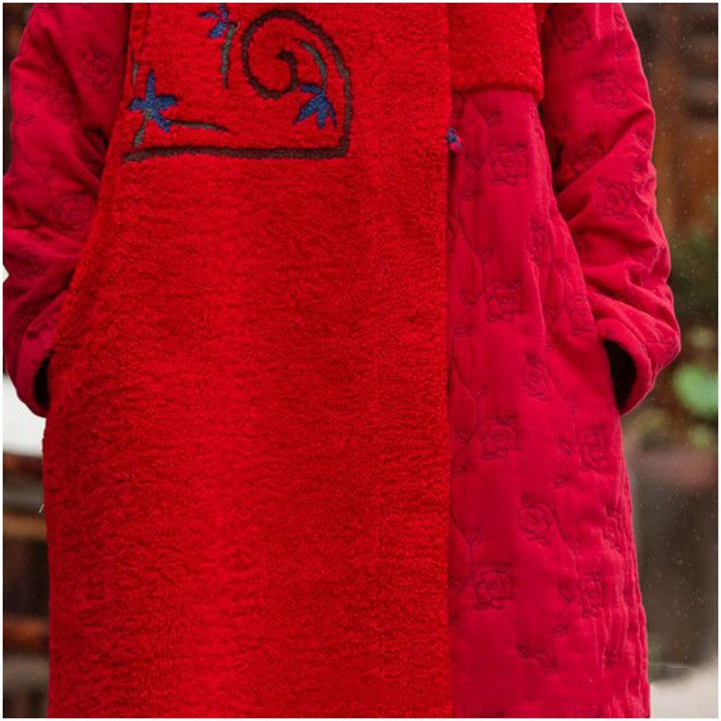 Chinese Style Embroidery Long Thickened Stitching Woman Cotton Dress Coat