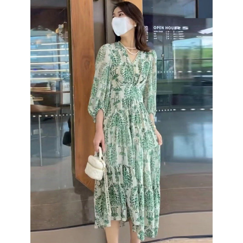 Summer And Autumn French Women Floral Dress