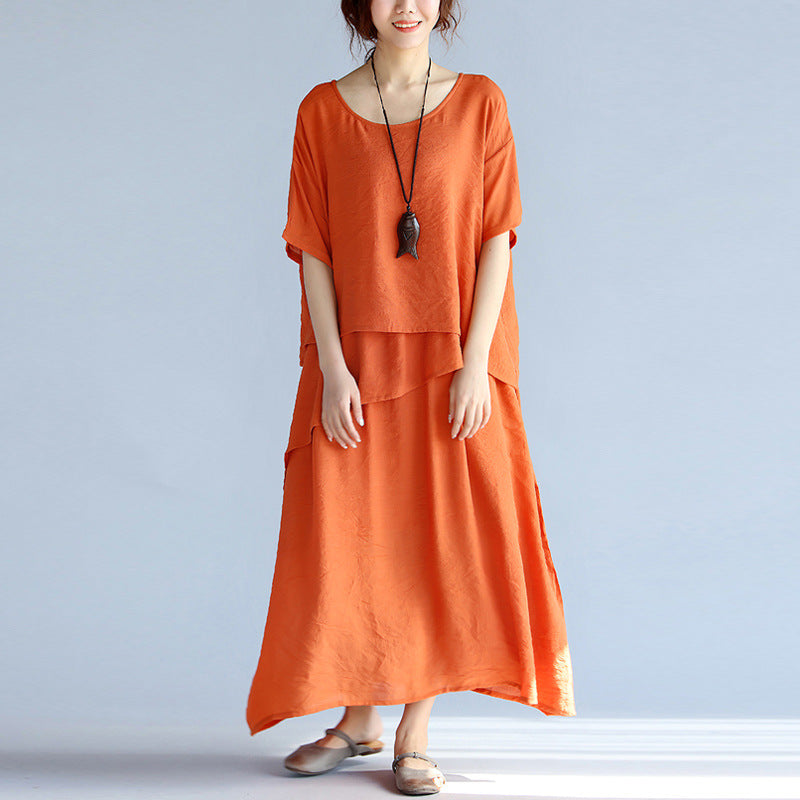 European And American Pure Color Artistic Cotton And Linen Comfortable Irregular Long Dress